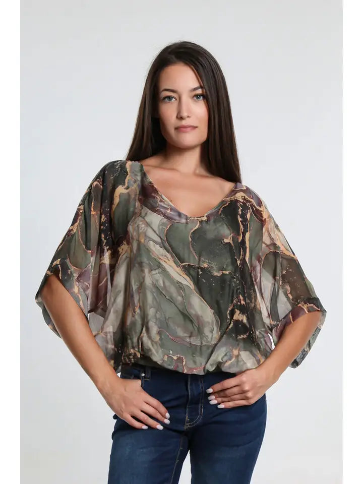 Abella Marble Band Waist Top-Army