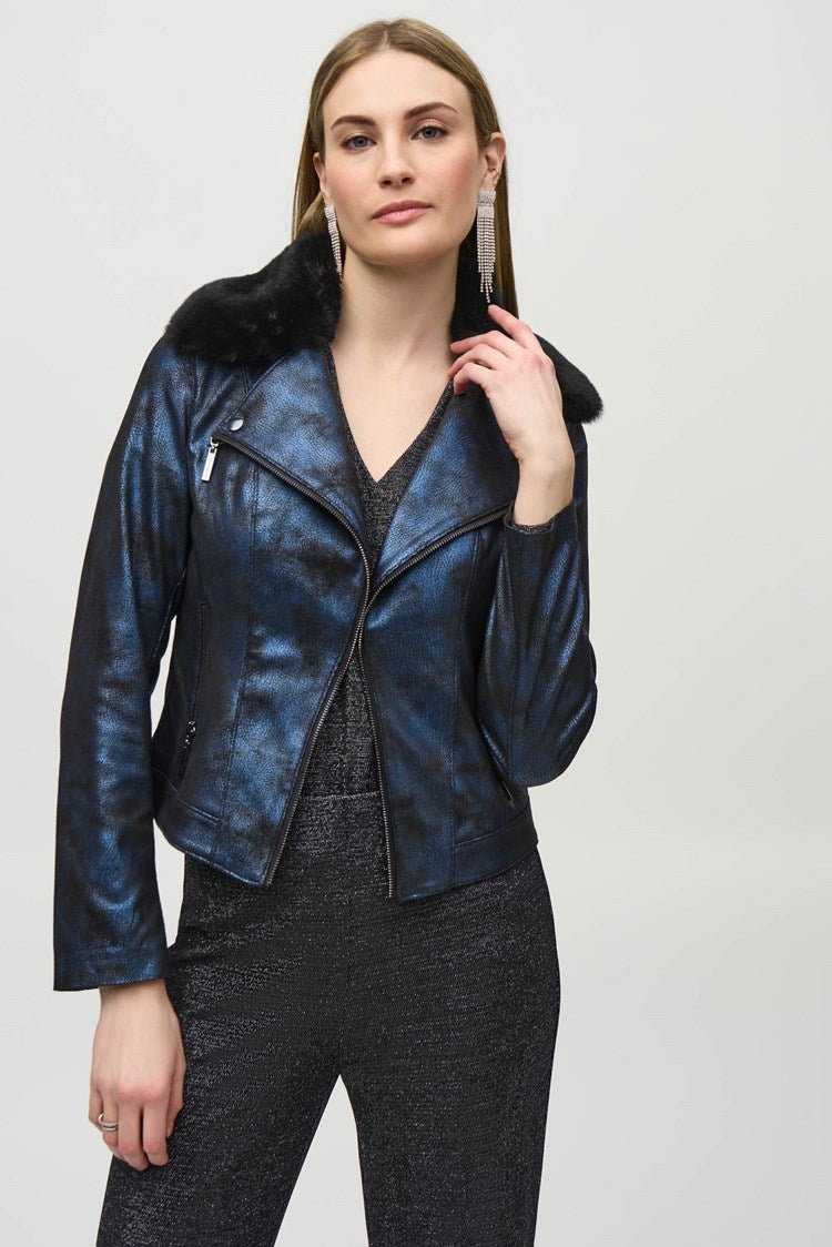 Foiled Suede Jacket w/ Faux Fur Collar