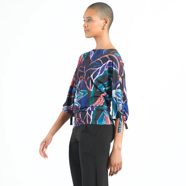 Pull-Tie Cuff Blouson Printed Top