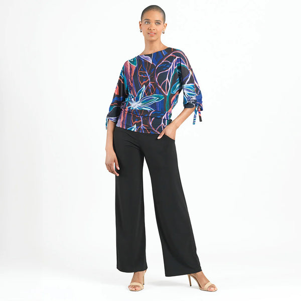 Pull-Tie Cuff Blouson Printed Top