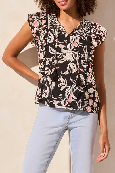 Mixed Print Notch Neck Blouse